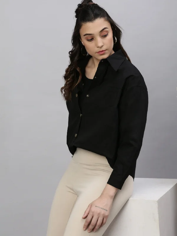 Women Solid Black Oversized Top with tank top-259-Black one shoulder tank