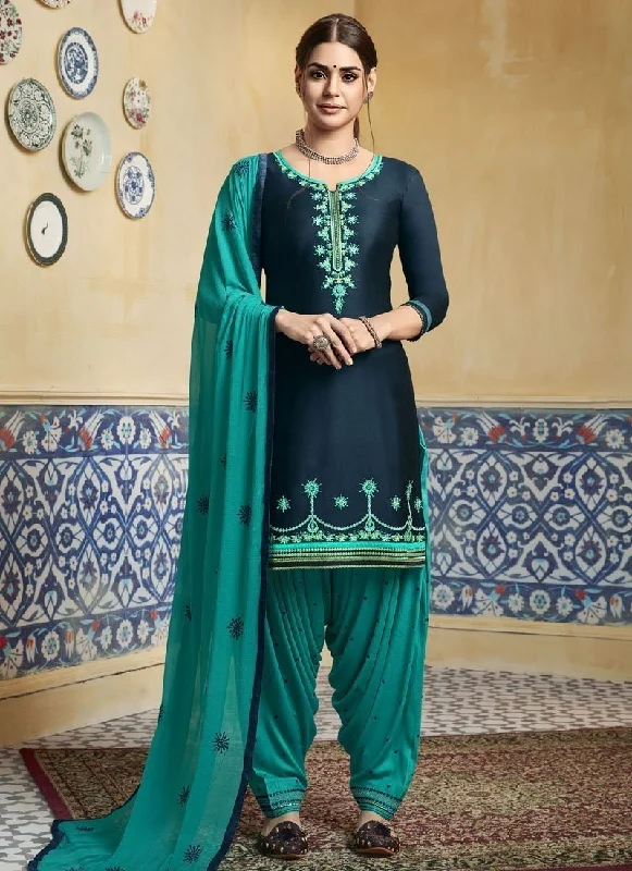Navy Satin Cotton Patiyala Dress Tunics Spring floral