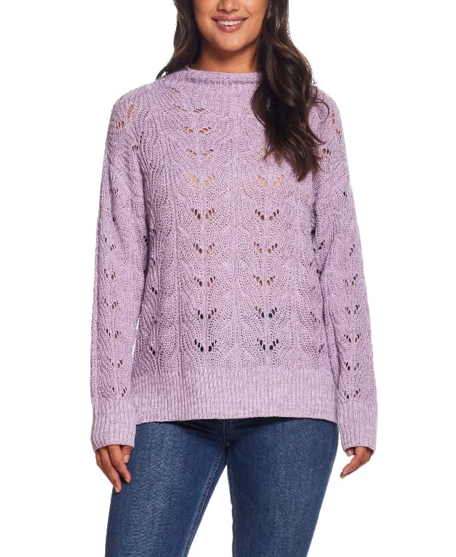 Womens Slub Pointelle Mock Neck Sweater Handmade Hand-knitted Hand-woven