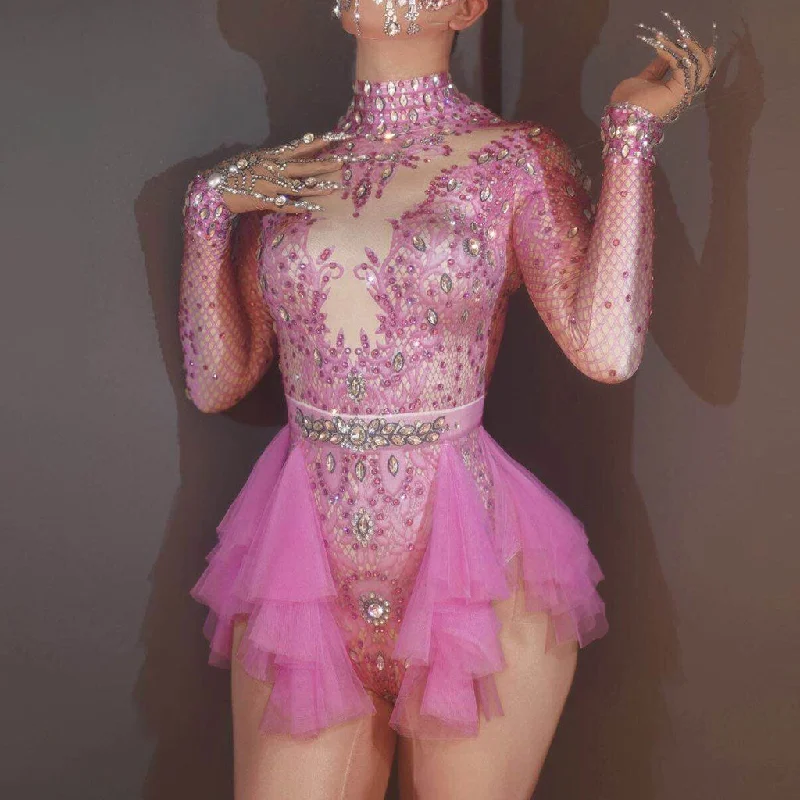 Extravagant Diamante Floral Print High Neck Long Sleeve Tulle Ruffle Bodysuit Elegant Lace Bodysuit for Evening