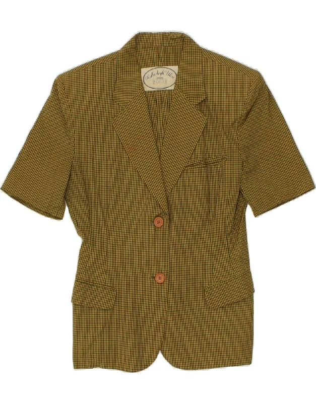 VINTAGE Womens 2 Button Short Sleeve Blazer Jacket UK 10 Small Khaki Check Nylon Jacket Polyester Jacket Spandex Jacket
