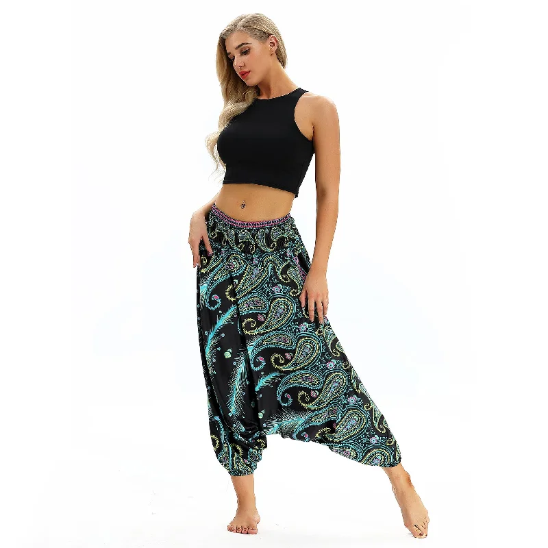Peacock Feather Print, Ethnic Dance, Yoga Loose Crotch Ankle Banded Pants Trendy Tapered Pants