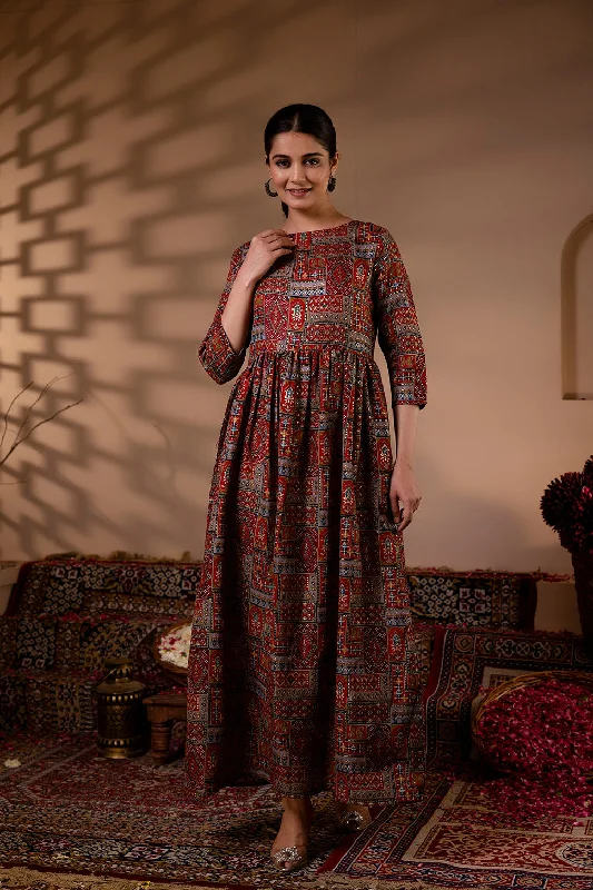 Women Maroon Abstract Printed Flared Dress - Rasiya