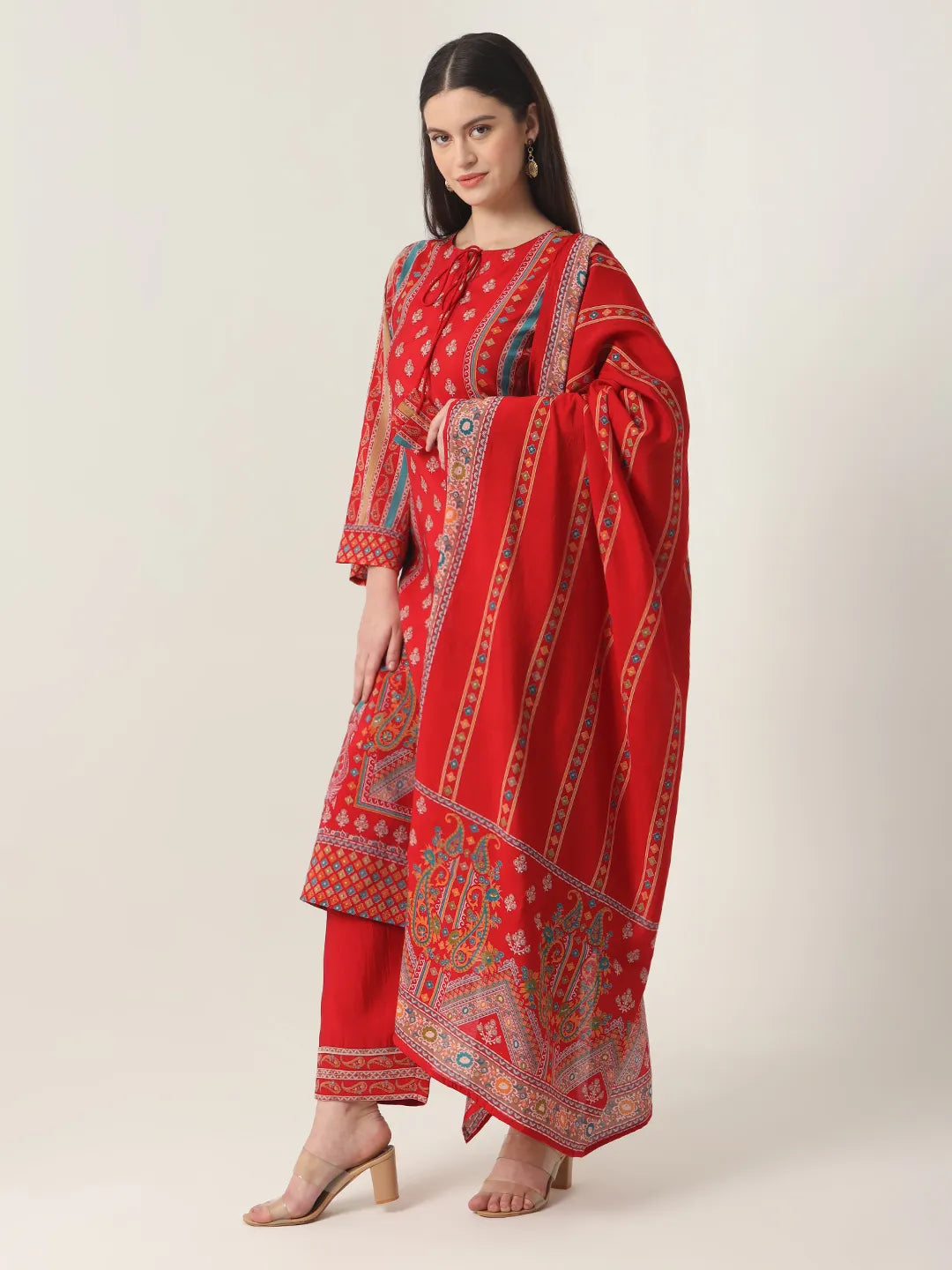 Yufta Red Silk Tie Up Kurta Set With Pant & Dupatta Trendy Velvet Pants