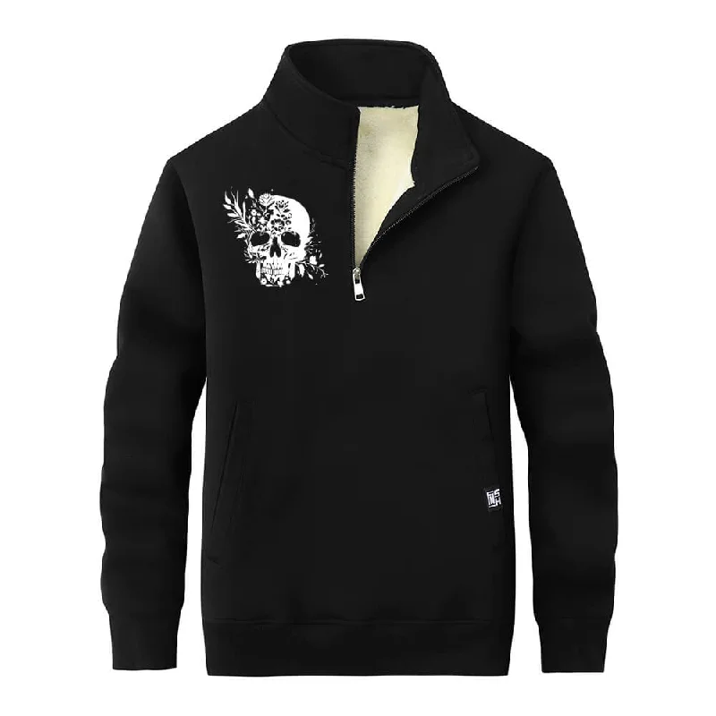 Multicolor Floral Skull Stand Collar Zip Fleece Sherpa Sweatshirt Hoodie with Exposed Zipper Edgy Industrial
