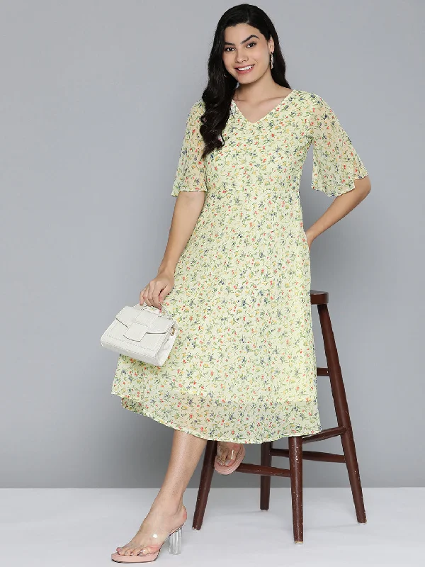 Floarl Print Flaired Gorgette Dress Off-White - Rasiya