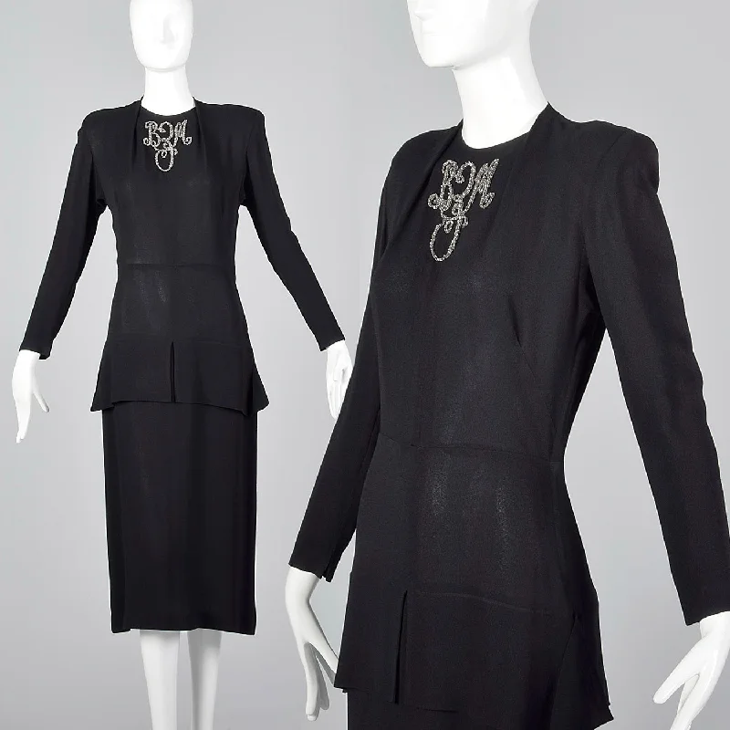 1940s Black Rayon Dress with Silver Beaded Monogram