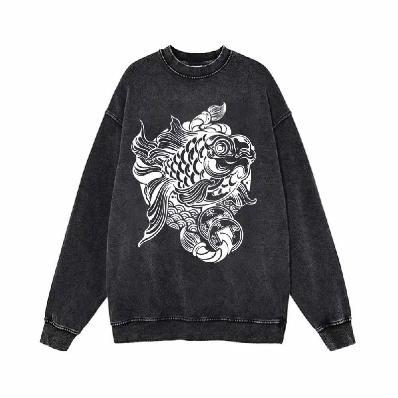 Flying Carp Copper Coins Vintage Washed Sweatshirt Hoodie with Color Block Contrast Stylish