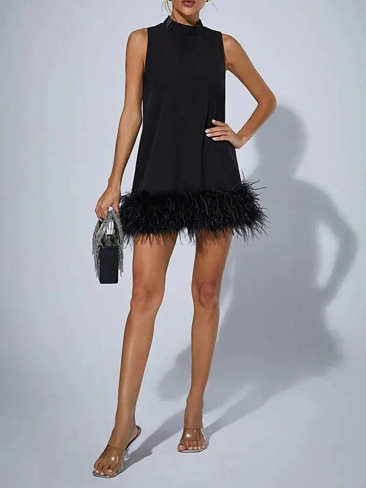 FZ Women's Patchwork  Round Neck Sleeveless High Waist Off Shoulder Feathers Dress