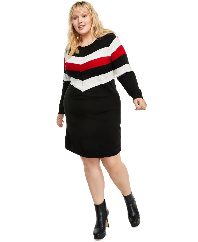 Trendy Plus Size Lurex Colorblocked Sweater Dress Polka Dot Checkered Tartan