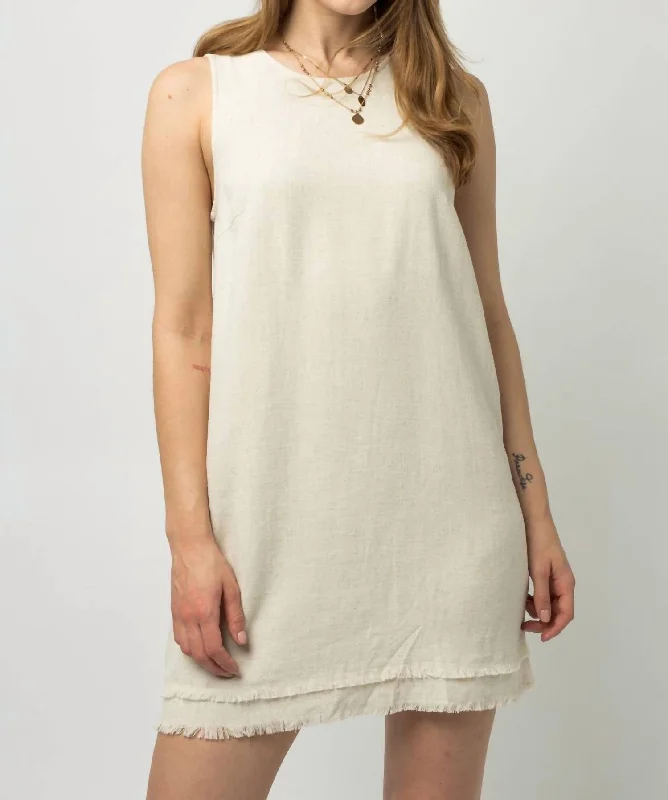 The Virginia Double Frayed Sleeveless Linen Shift Dress In Oatmeal