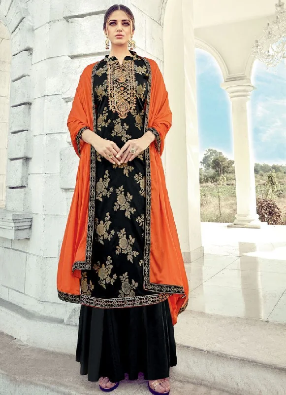 Black Pure Banarasi Jacquard Palazzo Dress Tunics Cozy soft