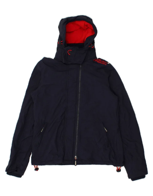 SUPERDRY Womens Hooded Windbreaker Jacket UK 16 Large Navy Blue Nylon Tailored Jacket Straight Jacket A-Line Jacket