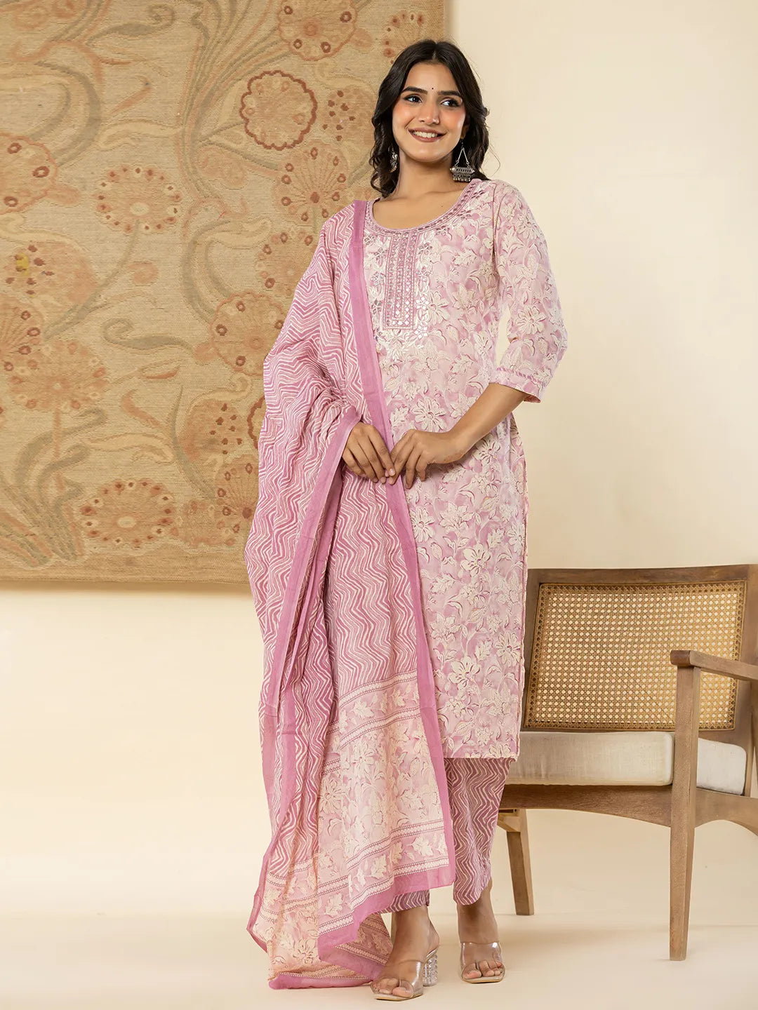 Yufta Pure Cotton Lavender Floral Embroidery Kurta Dupatta Pant Set Comfortable Denim Trousers