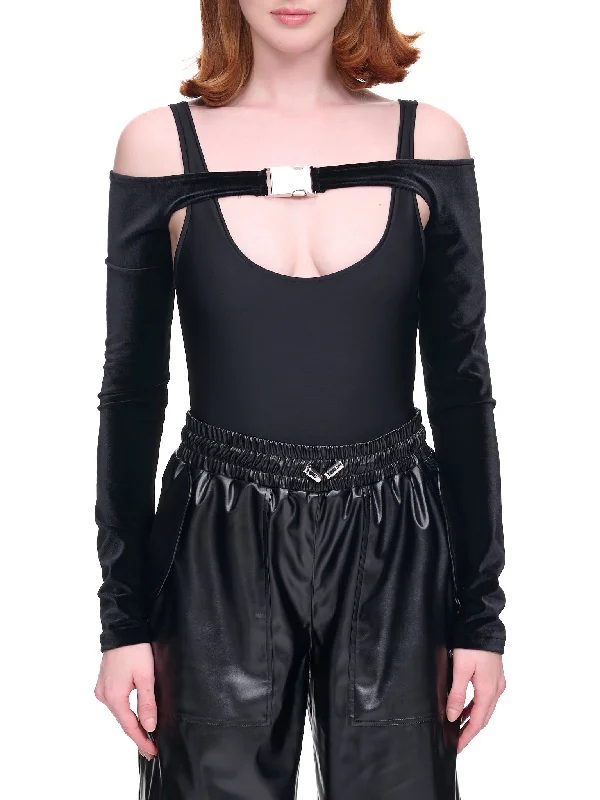 Velvet Overlayer Bodysuit (DK23BS-BLACK) Elegant Bodysuit with Bow Detail
