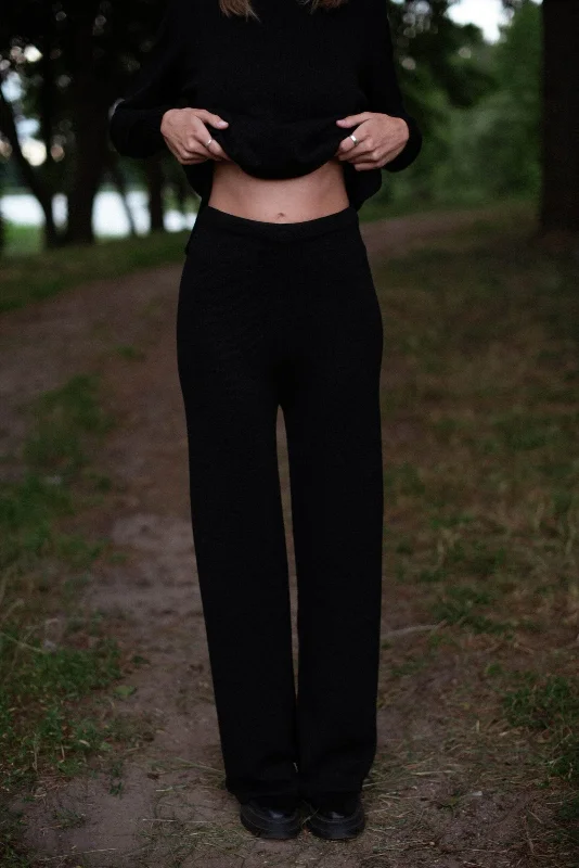 Merino Wool Wide-Leg Knitted Pants Black Elegant High-Waist Pants