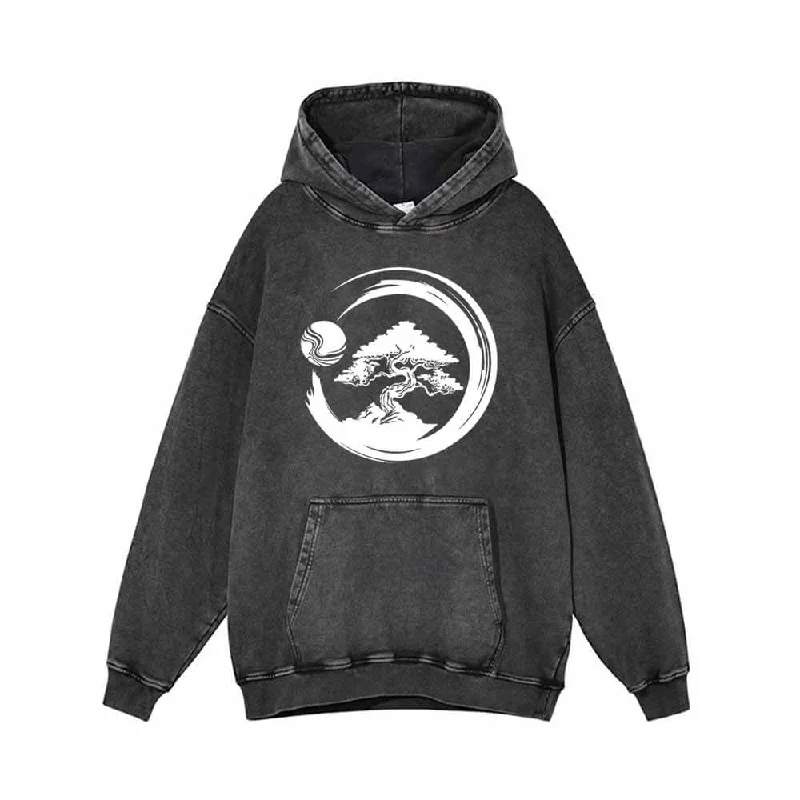 Tree Under Full Moon Vintage Washed Hoodie Hoodie with Hem Fringe Bohemian Relaxed