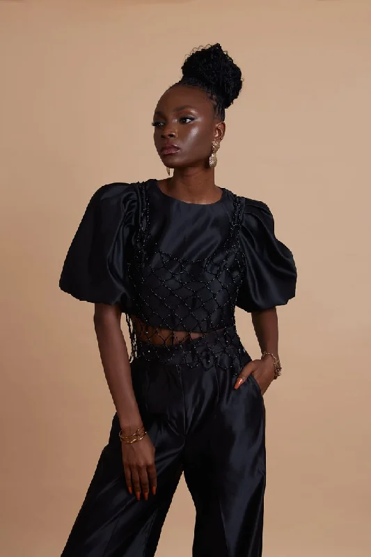Jermaine Bleu Tia Set with the button opening at the back and Straight-cut high-waisted pants Cozy Knit Pants