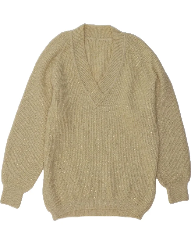 VINTAGE Womens V-Neck Jumper Sweater UK 14 Large Beige Wool Satin Blend Silk Blend Wool Blend