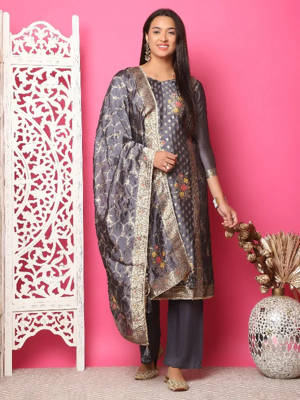 Women's Grey Silk Jacquard Dress Material - Stylee Lifestyle