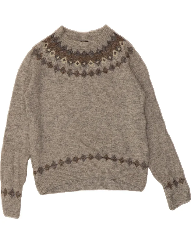 MASSIMO DUTTI Womens Crew Neck Jumper Sweater UK 10 Small Grey Fair Isle Front Pockets Side Pockets Patch Pockets