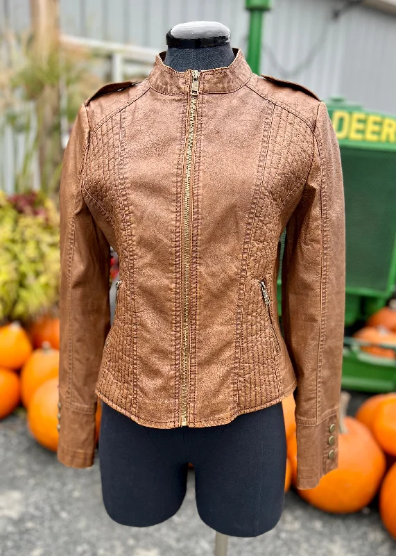 Brown Vegan Leather Moto Jacket Knit Fabric Woven Fabric Fleece Fabric