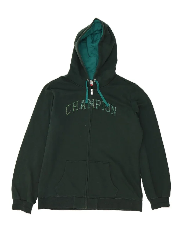 CHAMPION Womens Graphic Zip Hoodie Sweater UK 20 2XL Green Cotton Sequined Glittery Shiny