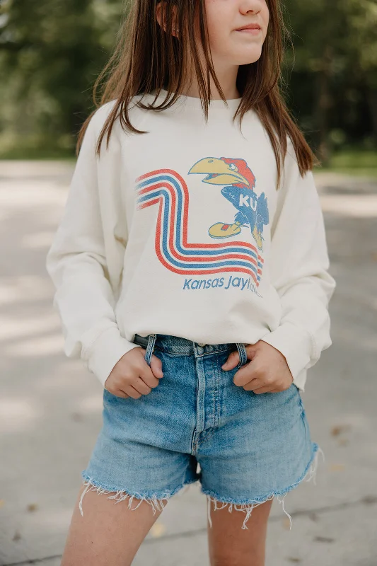 Retro x Blond Genius - KU Kansas Jay Hawks French Terry Cut Hem Sweatshirt in Antique White Hoodie with High-Low Hem Asymmetrical Trendy
