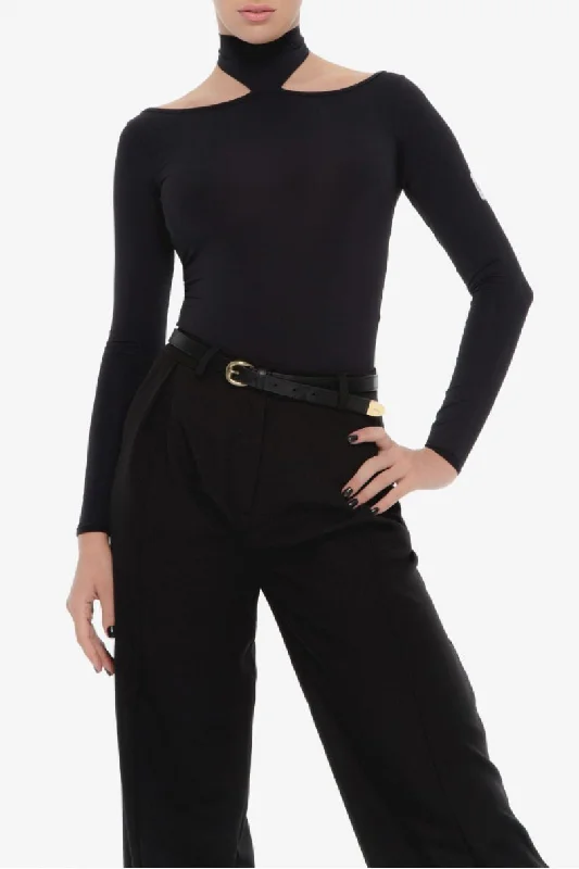 ONDANCE 3874B Black Practice Dance Bodysuit for Women and Girls with Shoulder Cutouts Pra 1337 Elegant Sheer Bodysuit