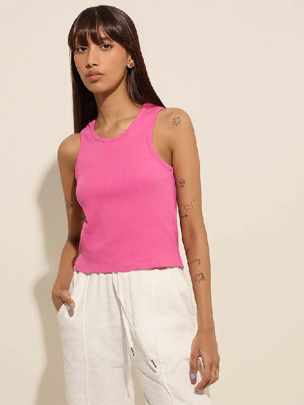 Studiofit Pink Ribbed-Textured Cotton Blend Tank Top cutout tank top
