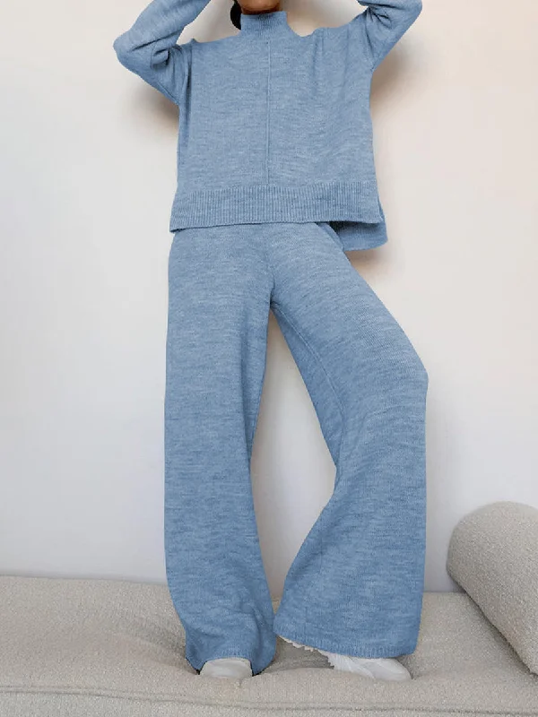 Knit Wide-Leg Pants Turtleneck Sweater Two-Piece Suit Silk Blend Satin Velvet