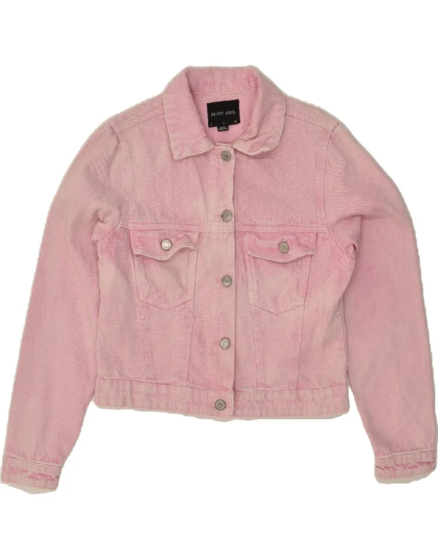 BRAVE SOUL Womens Crop Denim Jacket UK 10 Small Pink Cotton Cotton Jacket Linen Jacket Terry Jacket