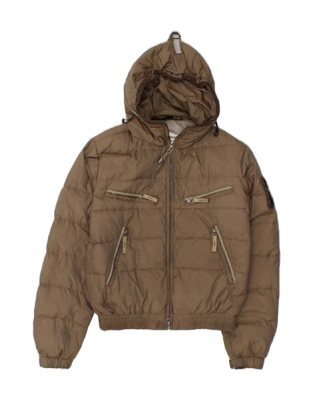 KEJO Womens Graphic Hooded Padded Jacket UK 6 XS Brown Polyamide Anorak Shell Jacket Lightweight Jacket