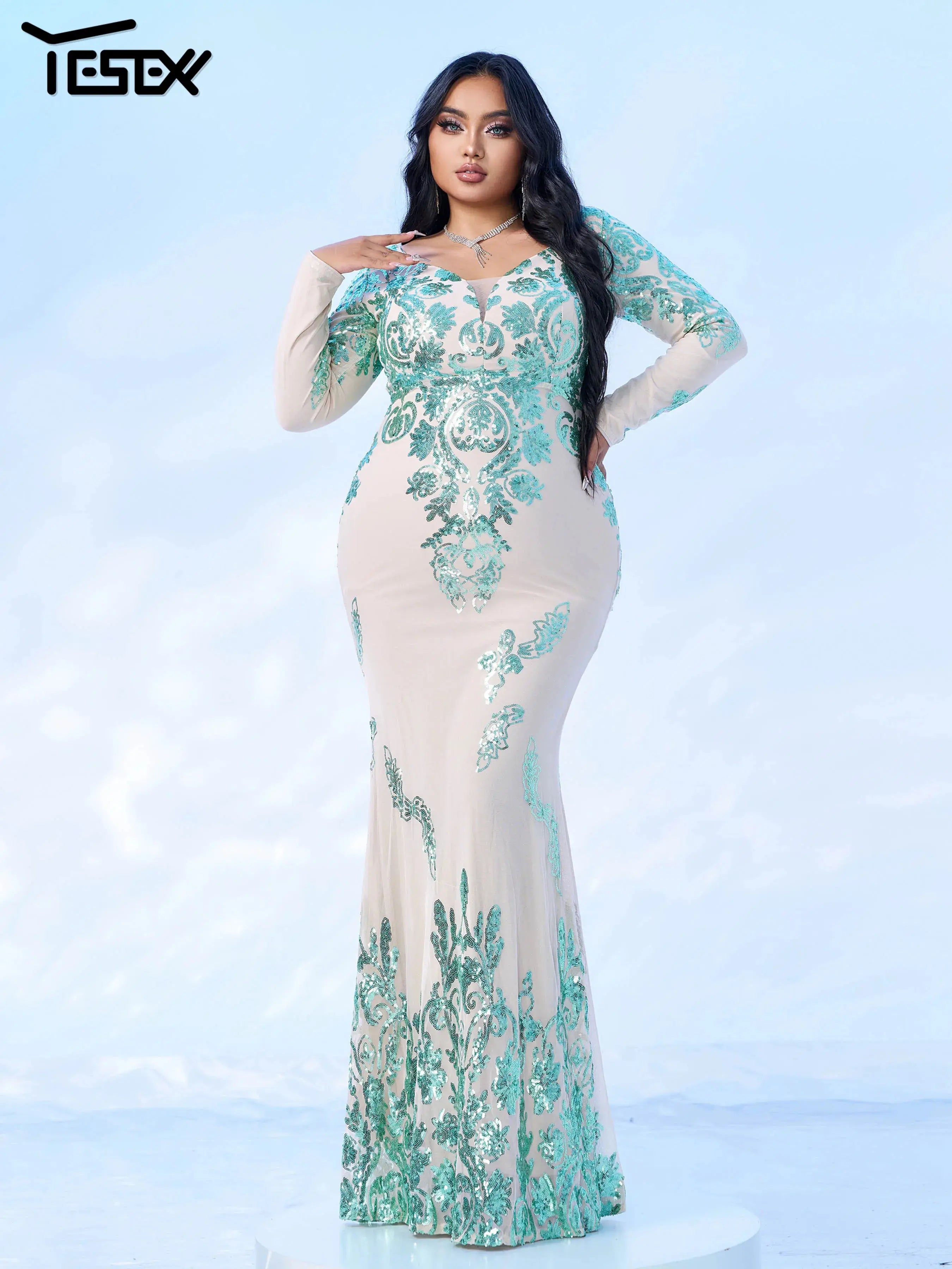 FZ Women's Plus Size Long Sleeves Sequin Mermaid Evening Dress