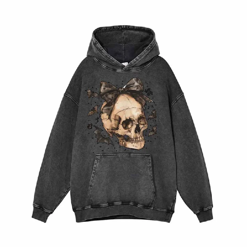 Bow Knot Skull Vintage Washed Hoodie Sweatshirt Hoodie with Puffed Sleeves Voluminous Trendy