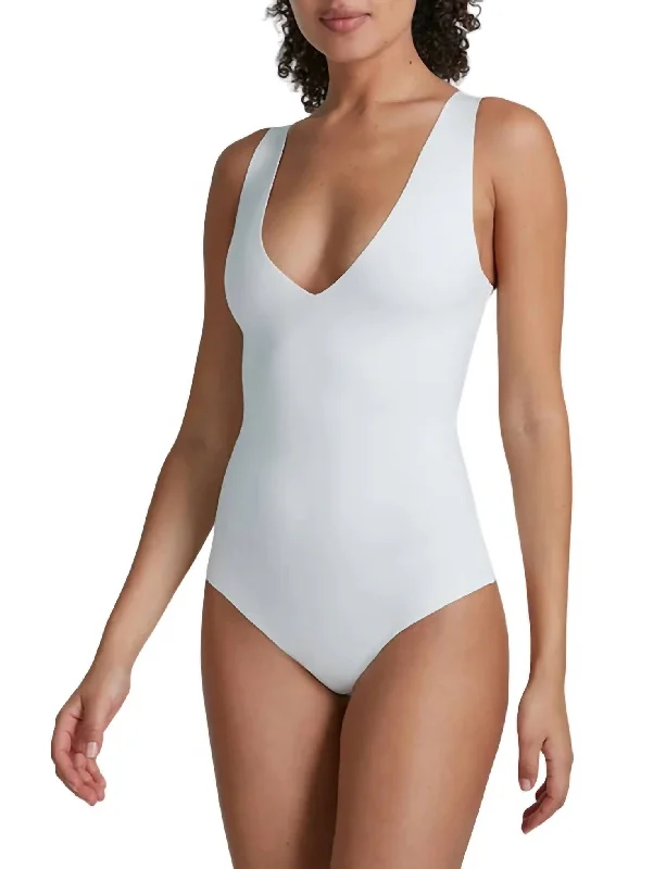 Neoprene Deep V Bodysuit In White Fashionable Turtleneck Bodysuit