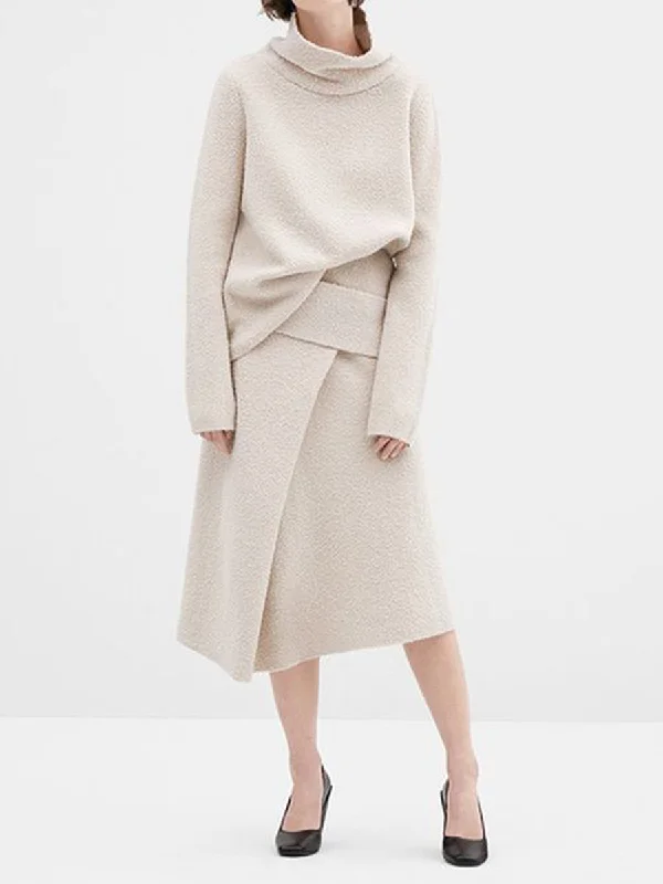 Soft Knitted Turtleneck Sweater and Half Skirt Two-piece Set Houndstooth Herringbone Solid
