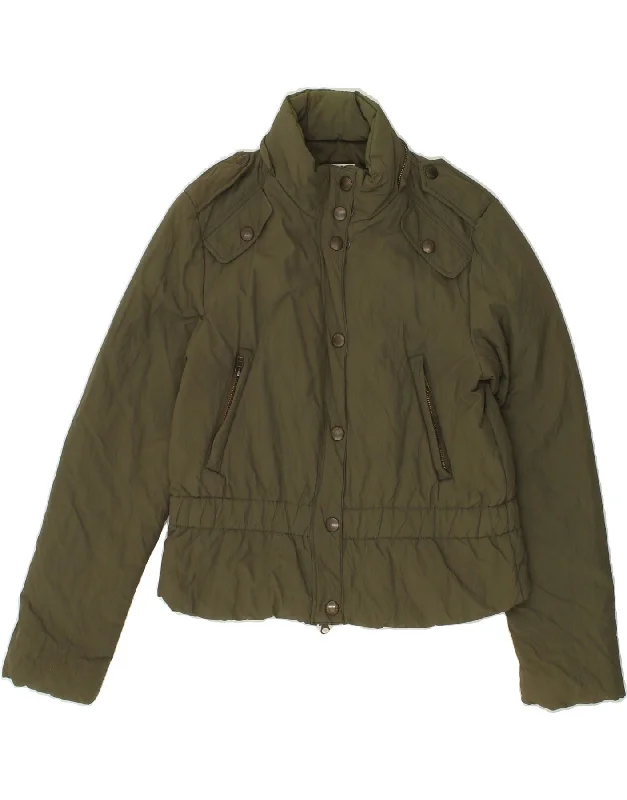MOSCHINO Womens Military Jacket UK 10 Small Khaki Polyamide Zip Front Button Front Snap Front