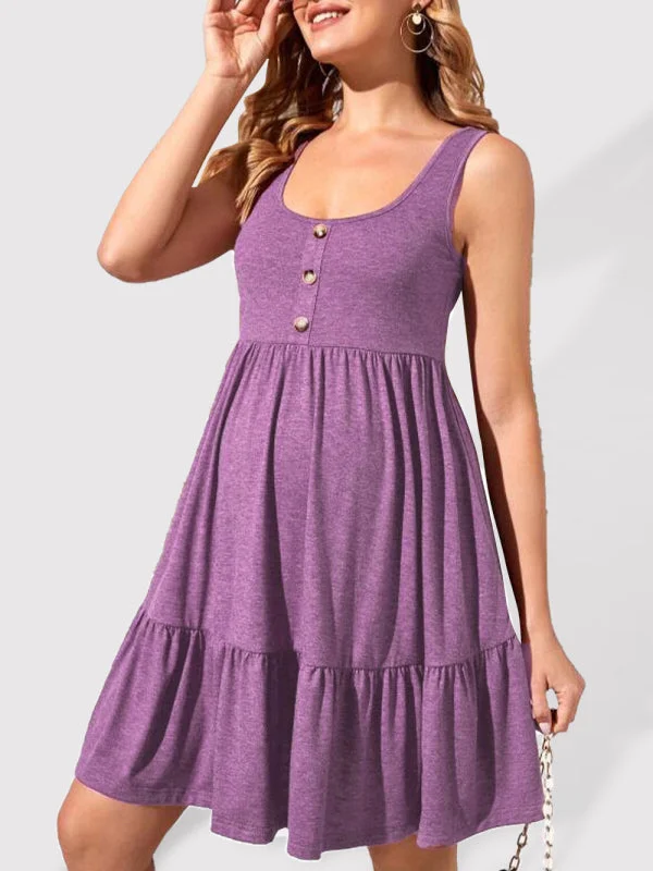 Maternity Knitted U-Neck Ruffle Button A-Line Dress