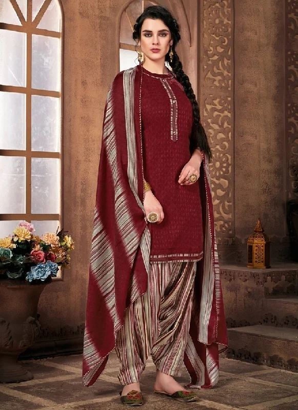 Maroon Pure Pashmina Jacquard Patiyala Dress Square Neckline Feminine