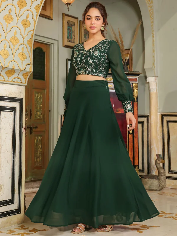 Janasya Dark Green Georgette Embroidered Top & Skirt wool skirt thick