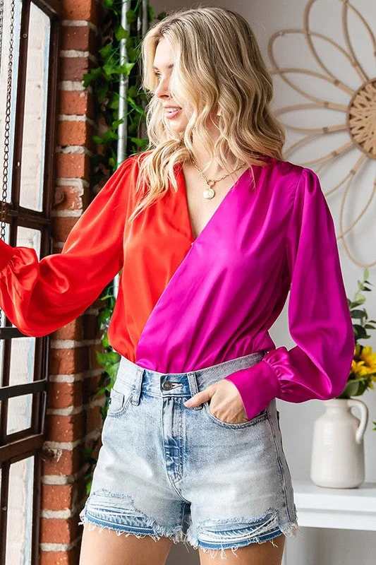 Can't Help Myself Red and Pink Satin Draped Bodysuit Stylish Bodysuit with Faux Fur
