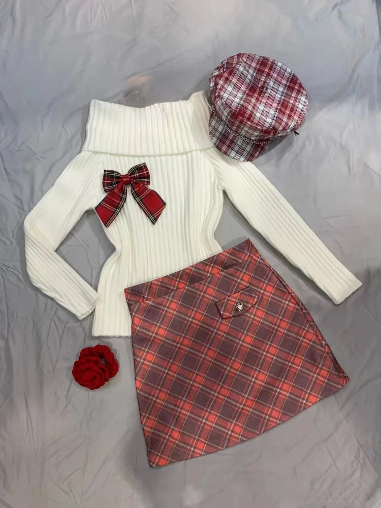 TAVIMART  -  Korean Sweet New 2 Piece Set Women Y2k Bow Slash Neck Knitted Sweater + Vintage Plaid Mini Skirt Autumn Elegant  Fashion Outfits Graphic Sweater Embroidered Appliqued