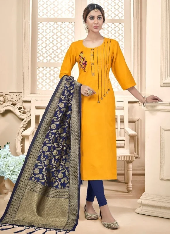 Yellow Slub Cotton Chudidar Dress Tunics Handmade artisanal