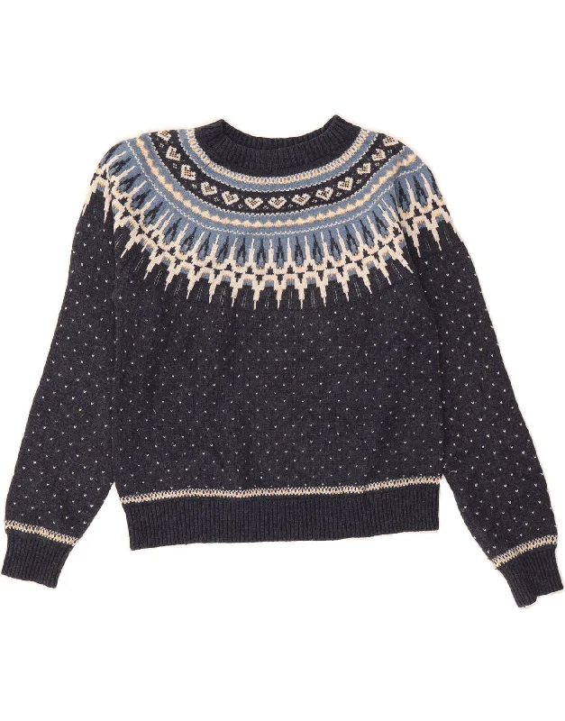 FAT FACE Womens Boat Neck Jumper Sweater UK 12 Medium  Navy Blue Fair Isle Mesh Blend Leather Blend Suede Blend