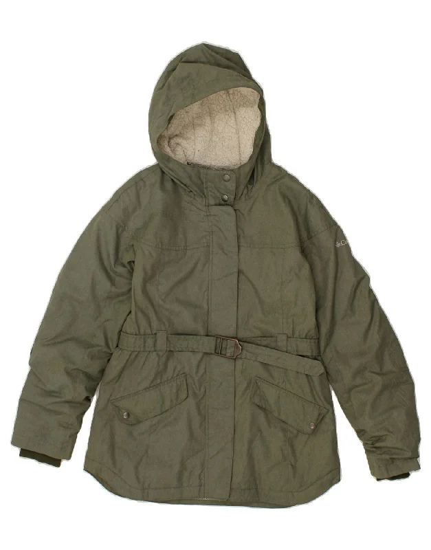 COLUMBIA Womens Hooded Windbreaker Jacket UK 14 Large Khaki Polyester Wool Fabric Cashmere Fabric Tweed Fabric