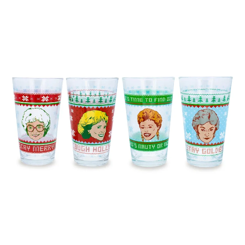 The Golden Girls Holiday Sweater 16-Ounce Pint Glasses | Set of 4 Ribbed Striped Patterned