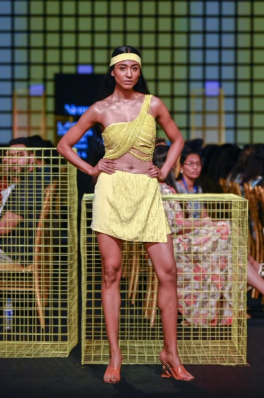 Lemon Yellow Hand Embroidered Overlapping Skirt denim skirt stylish