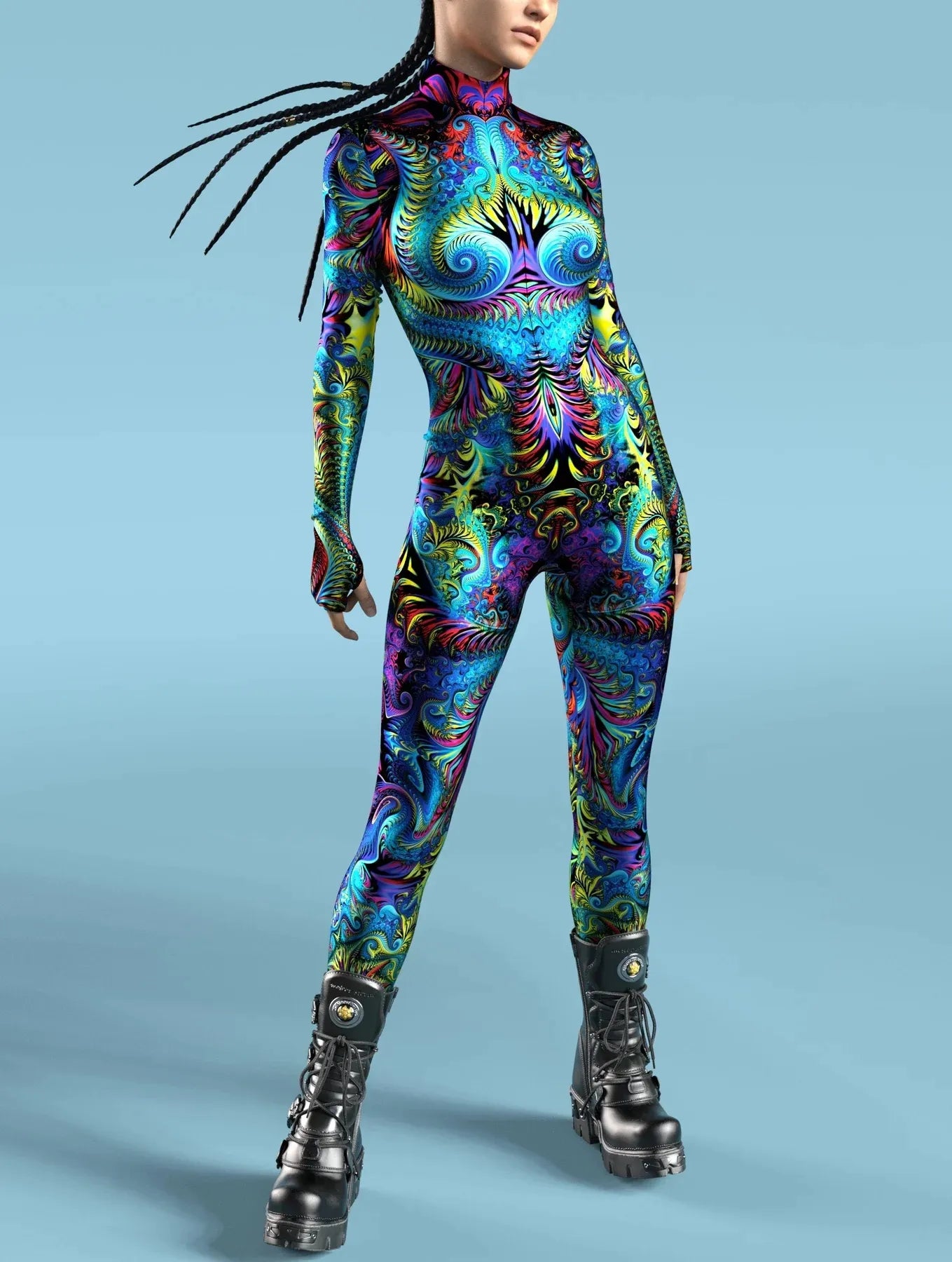 Rainbow Fractal Hypnotic Bodysuit - Skinny Jumpsuit Wear Onesie Doof Costume Elastic Bodysuits Rave Rompers Comfortable Ruffled Bodysuit