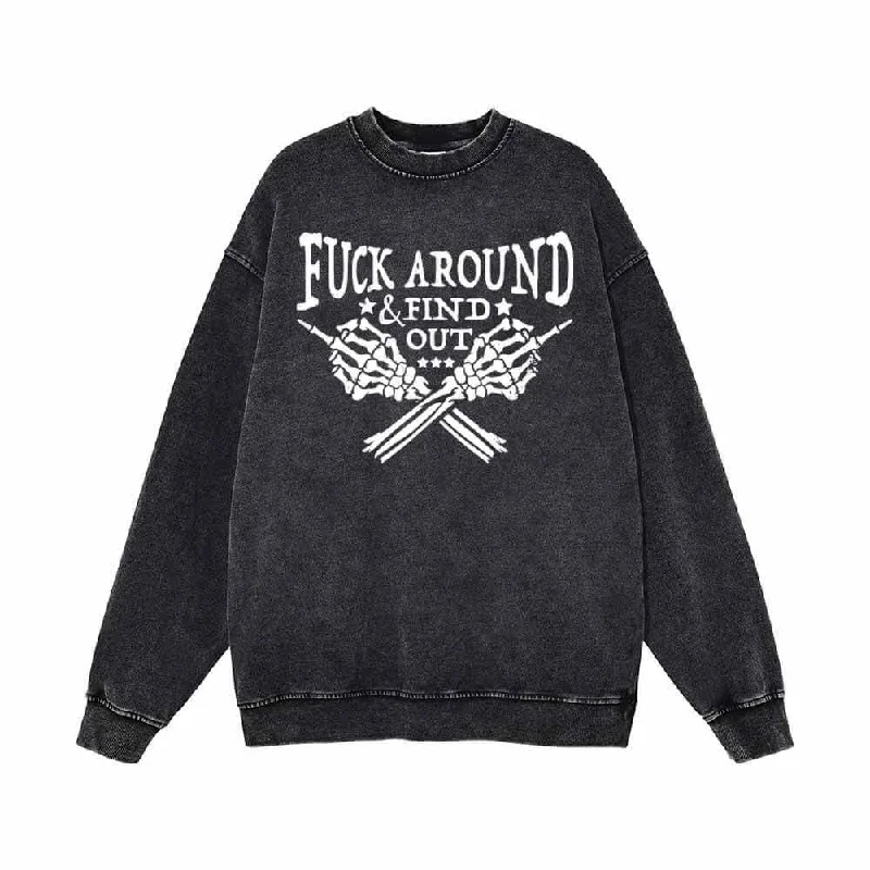 Fuck Around Find Out Skull Hand Vintage Washed Sweatshirt Hoodie with High Neck Warm Protective